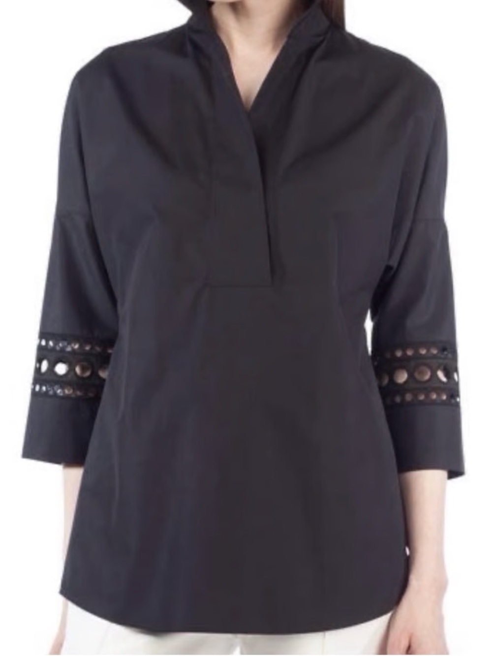 Akris Punto Black Split-Neck Tunic with Eyelet Sleeves